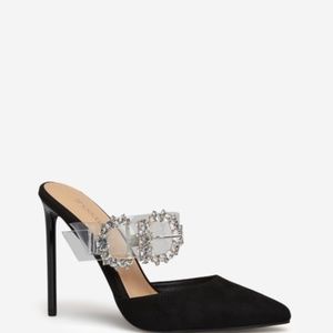 Black Embellished Bedazzled High Heel Pump Shoes With Crystal Buckle Design